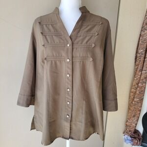 Cathy Che Button Up Blouse Womens 14/16W Brown Pintuck‎ Military Stretch Tunic